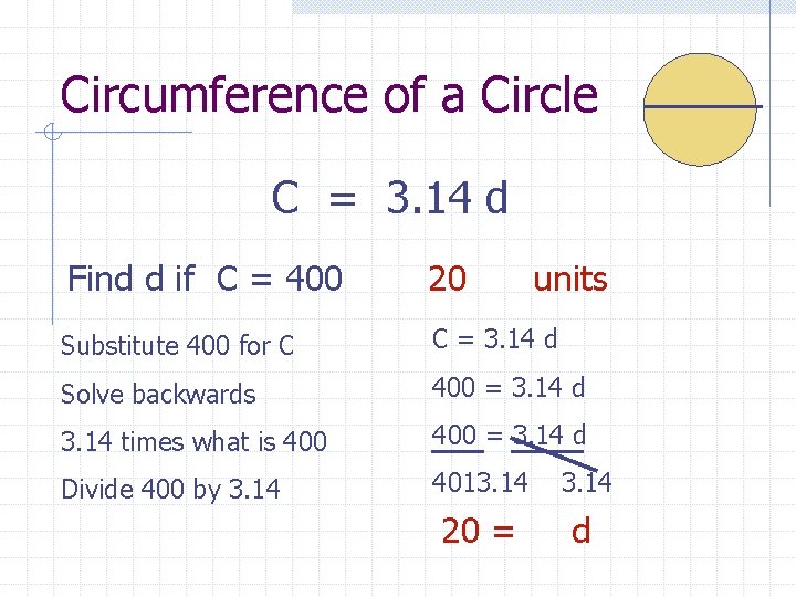 Circumference of a Circle C = 3. 14 d Find d if C =