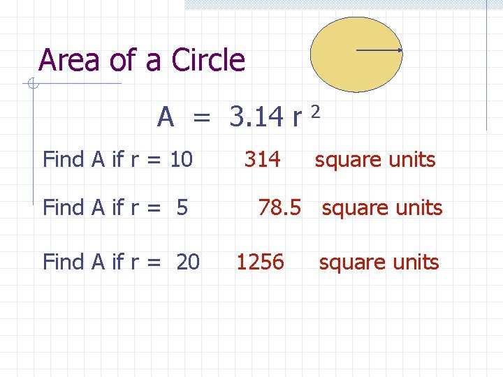 Area of a Circle A = 3. 14 r Find A if r =