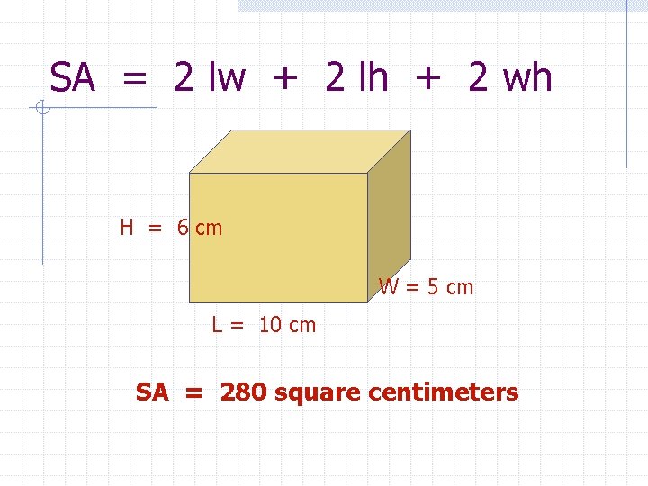 SA = 2 lw + 2 lh + 2 wh H = 6 cm