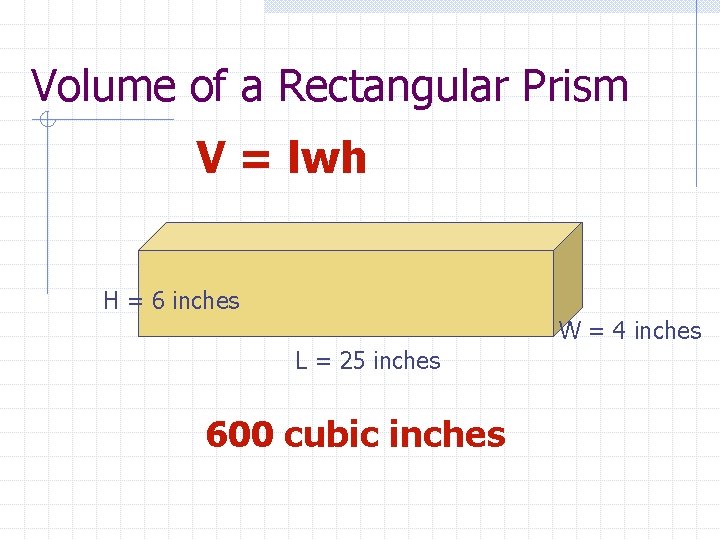 Volume of a Rectangular Prism V = lwh H = 6 inches W =