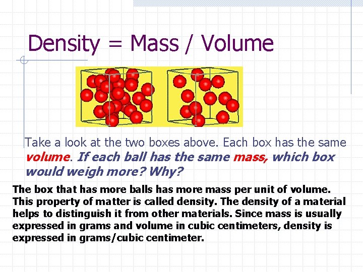 Density = Mass / Volume Take a look at the two boxes above. Each