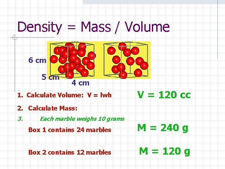 Density = Mass / Volume 6 cm 5 cm 4 cm 1. Calculate Volume: