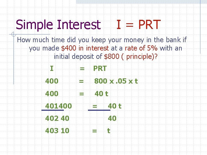 Simple Interest I = PRT How much time did you keep your money in