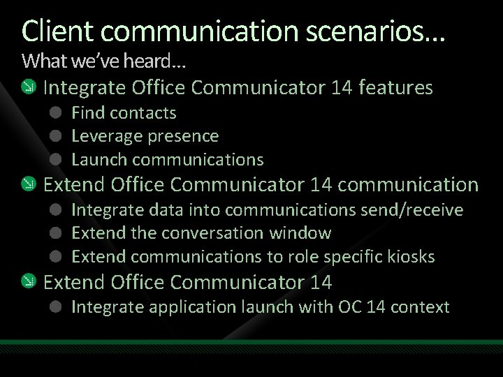 Client communication scenarios… What we’ve heard… Integrate Office Communicator 14 features Find contacts Leverage Client communication scenarios… What we’ve heard… Integrate Office Communicator 14 features Find contacts Leverage