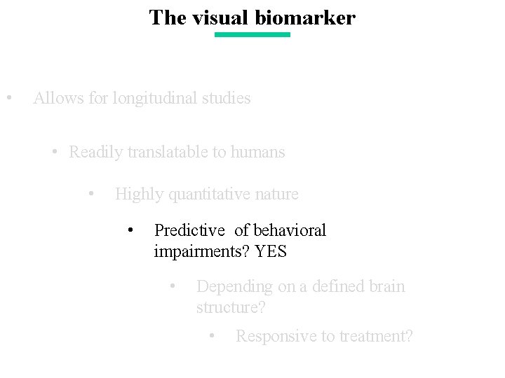 The visual biomarker • Allows for longitudinal studies • Readily translatable to humans • The visual biomarker • Allows for longitudinal studies • Readily translatable to humans •