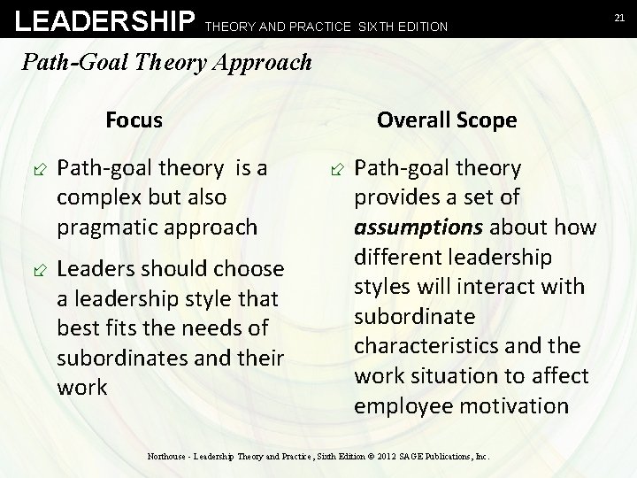 LEADERSHIP THEORY AND PRACTICE SIXTH EDITION Path-Goal Theory Approach Focus ÷ Path-goal theory is