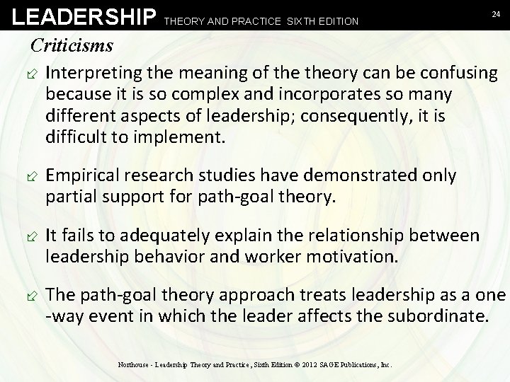 LEADERSHIP THEORY AND PRACTICE SIXTH EDITION 24 Criticisms ÷ Interpreting the meaning of theory