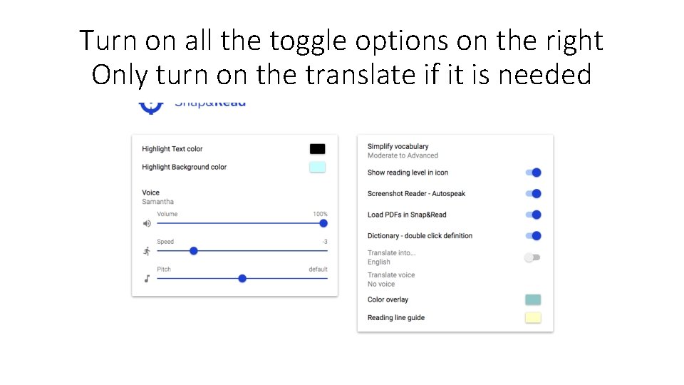 Turn on all the toggle options on the right Only turn on the translate