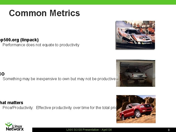 Common Metrics op 500. org (linpack) Performance does not equate to productivity CO Something