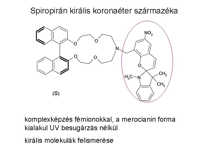 Spiropirán királis koronaéter származéka (S) komplexképzés fémionokkal, a merocianin forma kialakul UV besugárzás nélkül
