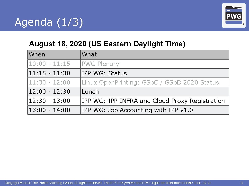 Agenda (1/3) ® August 18, 2020 (US Eastern Daylight Time) When What 10: 00