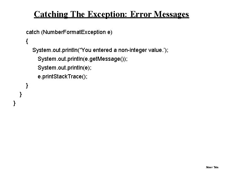 Catching The Exception: Error Messages catch (Number. Format. Exception e) { System. out. println(“You