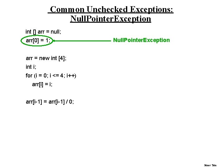 Common Unchecked Exceptions: Null. Pointer. Exception int [] arr = null; arr[0] = 1;