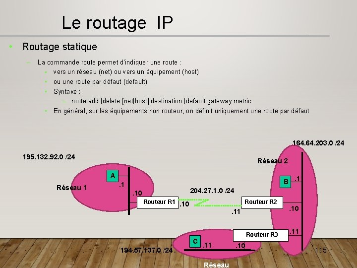  Le routage IP • Routage statique – La commande route permet d’indiquer une