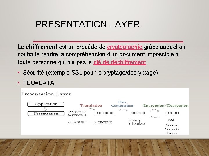 PRESENTATION LAYER Le chiffrement est un procédé de cryptographie grâce auquel on souhaite rendre