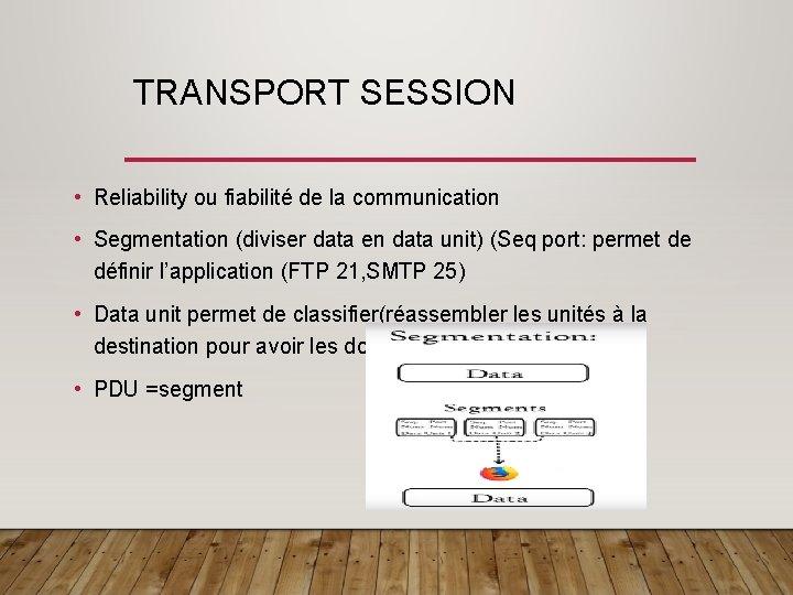 TRANSPORT SESSION • Reliability ou fiabilité de la communication • Segmentation (diviser data en