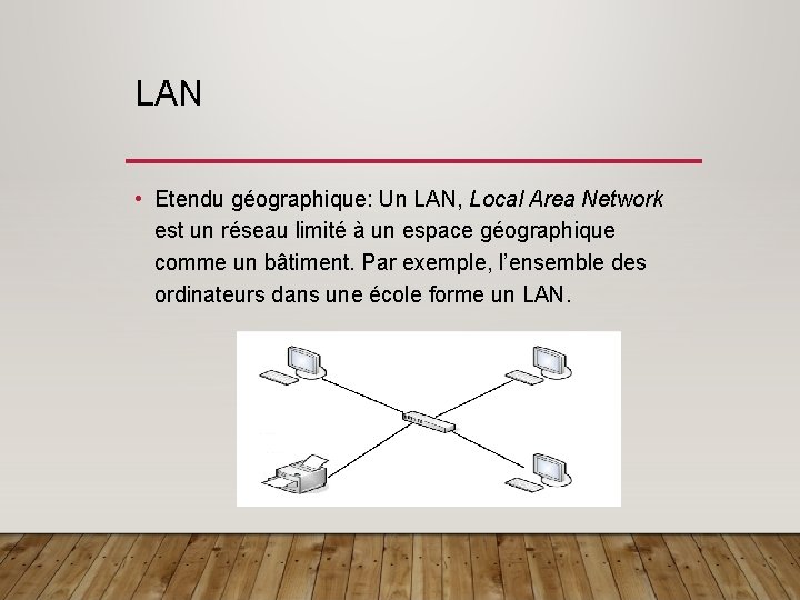 LAN • Etendu géographique: Un LAN, Local Area Network est un réseau limité à