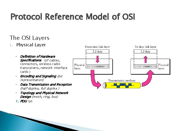 Protocol Reference Model of OSI The OSI Layers 1. Physical Layer • Definition of
