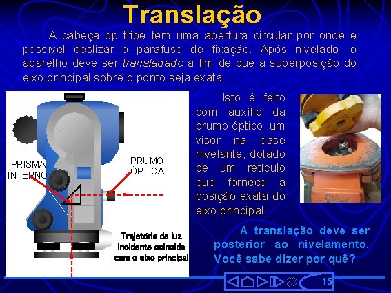 Translação A cabeça dp tripé tem uma abertura circular por onde é possível deslizar