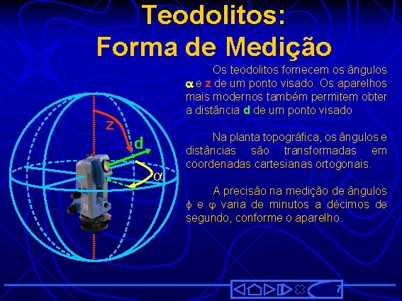 Teodolitos: Forma de Medição Os teodolitos fornecem os ângulos a e z de um