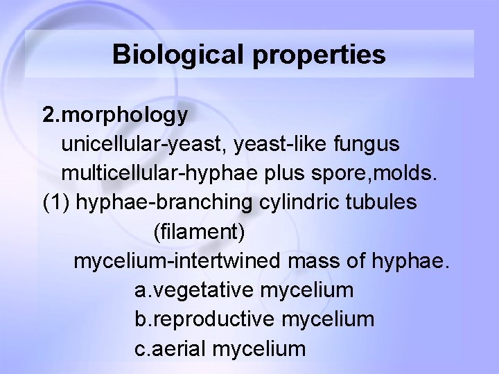 Biological properties 2. morphology unicellular-yeast, yeast-like fungus multicellular-hyphae plus spore, molds. (1) hyphae-branching cylindric Biological properties 2. morphology unicellular-yeast, yeast-like fungus multicellular-hyphae plus spore, molds. (1) hyphae-branching cylindric