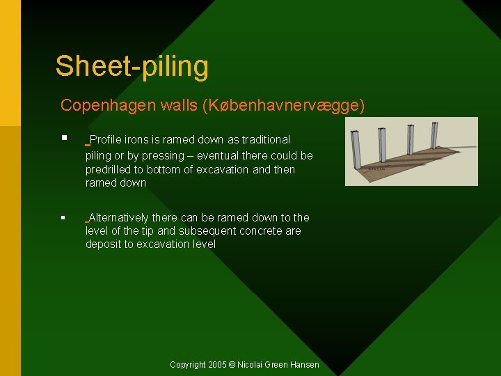 Sheet-piling Copenhagen walls (Københavnervægge) § Profile irons is ramed down as traditional piling or