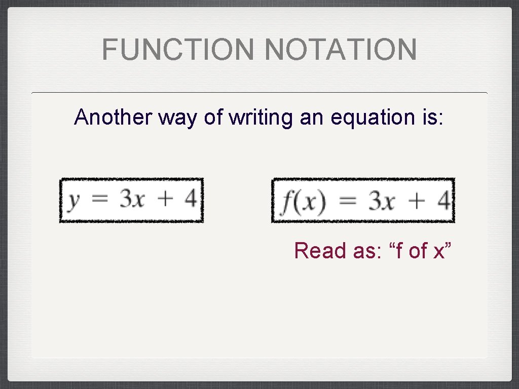 FUNCTION NOTATION Another way of writing an equation is: Read as: “f of x”