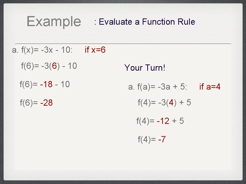 Example a. f(x)= -3 x - 10: f(6)= -3(6) - 10 f(6)= -18 -