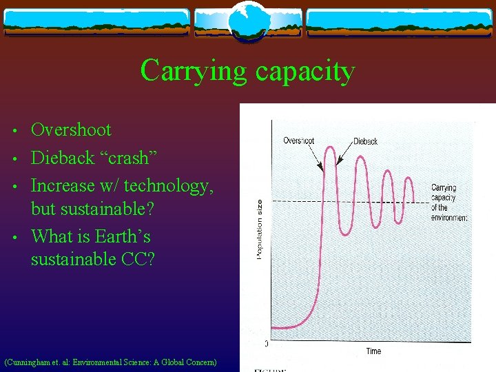 Carrying capacity • • Overshoot Dieback “crash” Increase w/ technology, but sustainable? What is