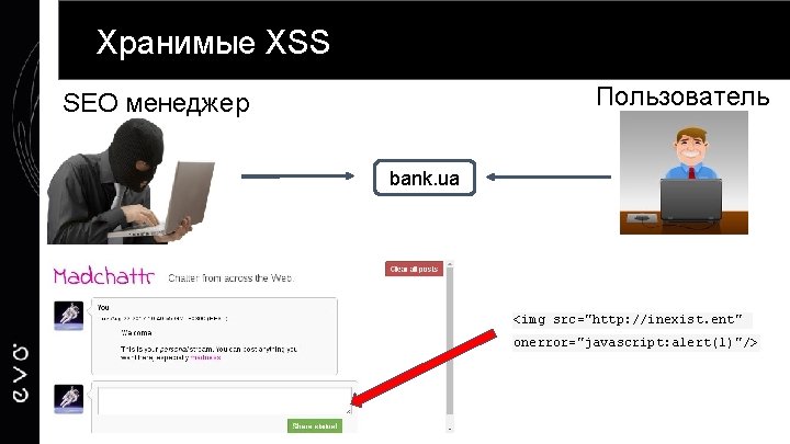 Хранимые XSS Пользователь SEO менеджер bank. ua <img src="http: //inexist. ent" onerror="javascript: alert(1)"/> 