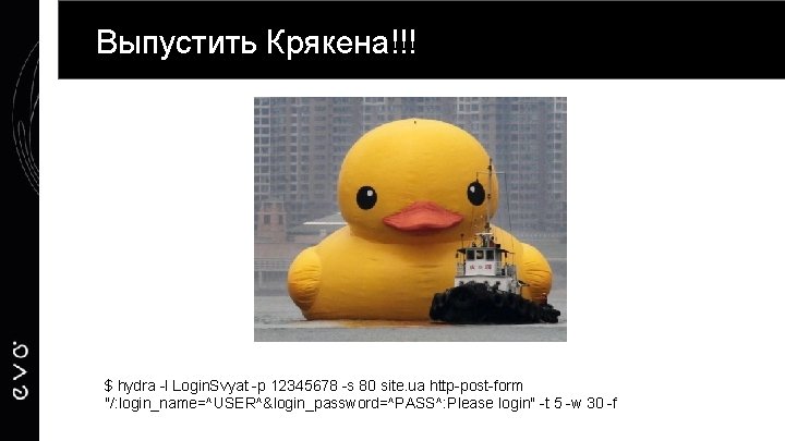 Выпустить Крякена!!! $ hydra -l Login. Svyat -p 12345678 -s 80 site. ua http-post-form