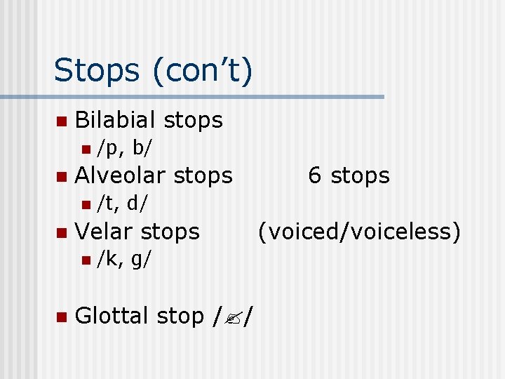 Stops (con’t) n Bilabial stops n n Alveolar stops n n 6 stops /t, Stops (con’t) n Bilabial stops n n Alveolar stops n n 6 stops /t,