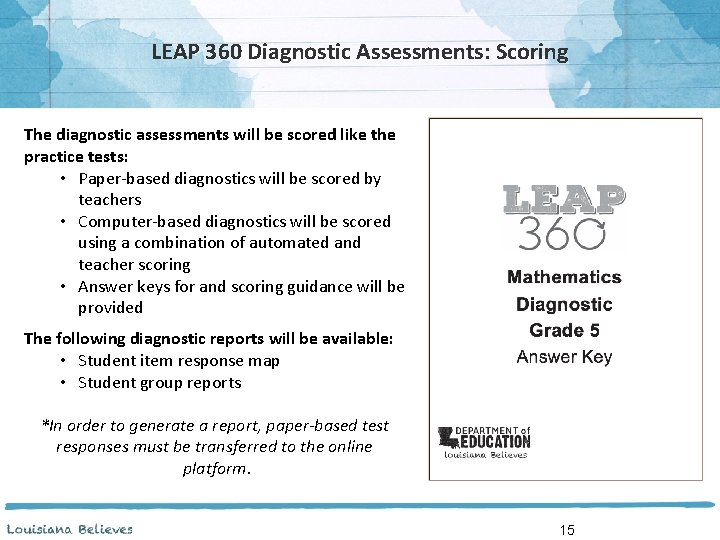 LEAP 360 Diagnostic Assessments: Scoring The diagnostic assessments will be scored like the practice