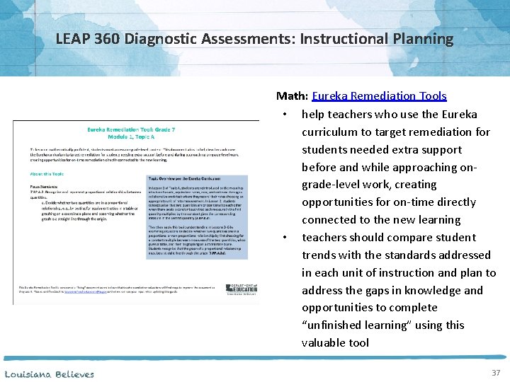 LEAP 360 Diagnostic Assessments: Instructional Planning Math: Eureka Remediation Tools • help teachers who