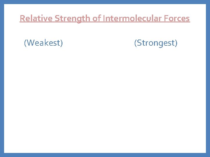 Relative Strength of Intermolecular Forces (Weakest) (Strongest) 