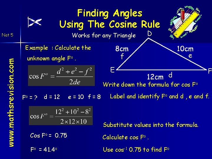 Finding Angles Using The Cosine Rule Works for any Triangle Nat 5 www. mathsrevision.