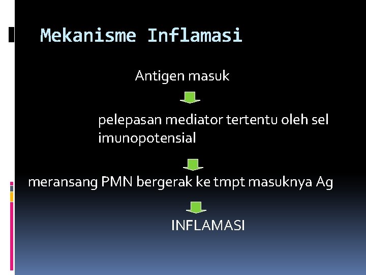 Mekanisme Inflamasi Antigen masuk pelepasan mediator tertentu oleh sel imunopotensial meransang PMN bergerak ke