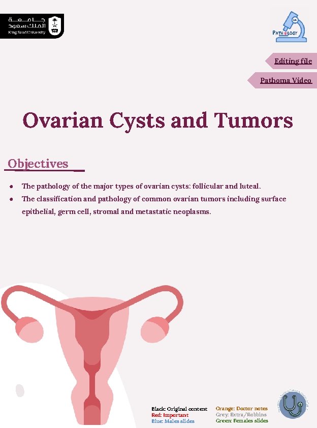 Editing file Pathoma Video Ovarian Cysts and Tumors Objectives ● The pathology of the