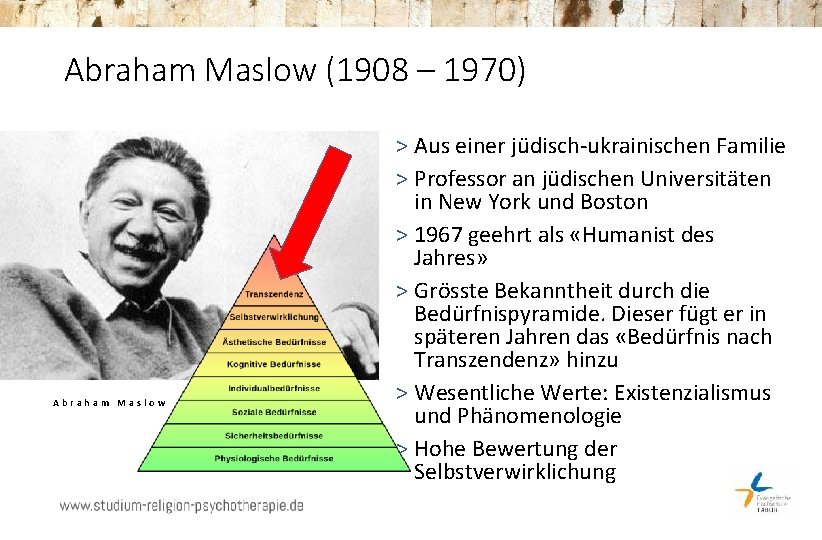 Abraham Maslow (1908 – 1970) Abraham Maslow > Aus einer jüdisch-ukrainischen Familie > Professor