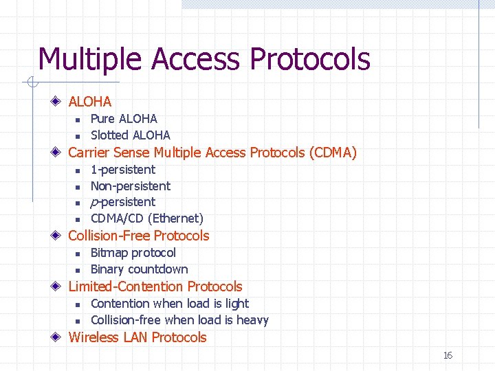 Multiple Access Protocols ALOHA n n Pure ALOHA Slotted ALOHA Carrier Sense Multiple Access