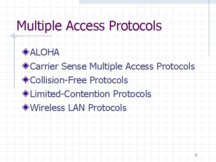 Multiple Access Protocols ALOHA Carrier Sense Multiple Access Protocols Collision-Free Protocols Limited-Contention Protocols Wireless
