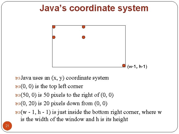 Java’s coordinate system (0, 0) (50, 0) (0, 20) (50, 20) (w-1, h-1) Java