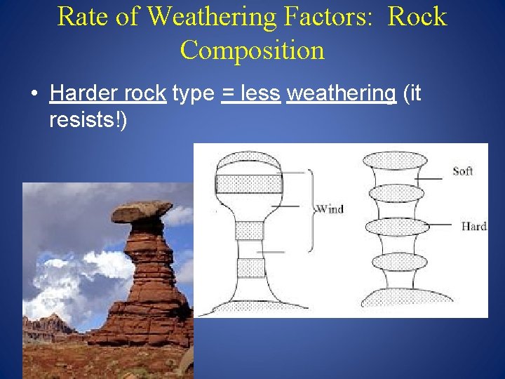 Rate of Weathering Factors: Rock Composition • Harder rock type = less weathering (it