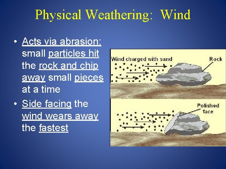 Physical Weathering: Wind • Acts via abrasion: small particles hit the rock and chip