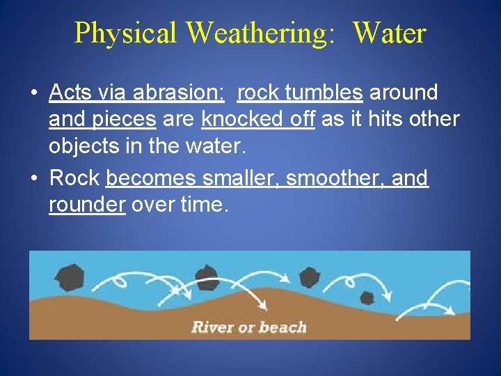 Physical Weathering: Water • Acts via abrasion: rock tumbles around and pieces are knocked Physical Weathering: Water • Acts via abrasion: rock tumbles around and pieces are knocked