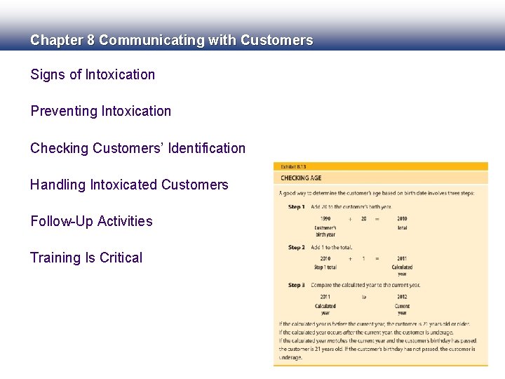 Chapter 8 Communicating with Customers Signs of Intoxication Preventing Intoxication Checking Customers’ Identification Handling