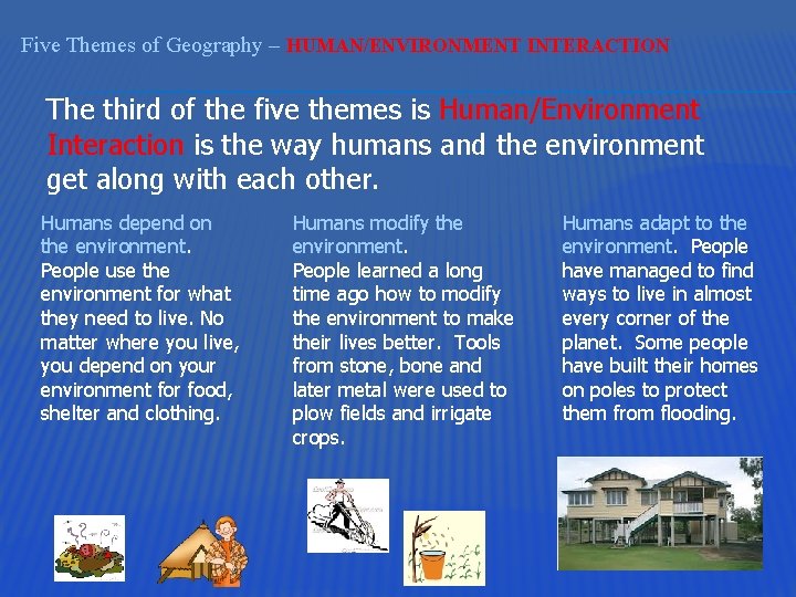 Five Themes of Geography – HUMAN/ENVIRONMENT INTERACTION The third of the five themes is