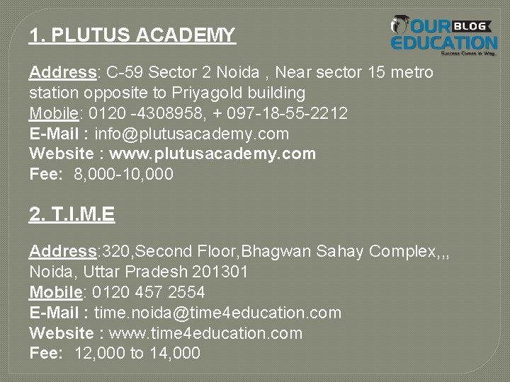 1. PLUTUS ACADEMY Address: C-59 Sector 2 Noida , Near sector 15 metro station