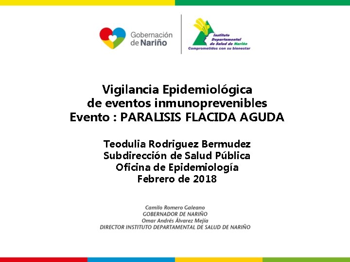 Vigilancia Epidemiológica de eventos inmunoprevenibles Evento : PARALISIS FLACIDA AGUDA Teodulia Rodriguez Bermudez Subdirección