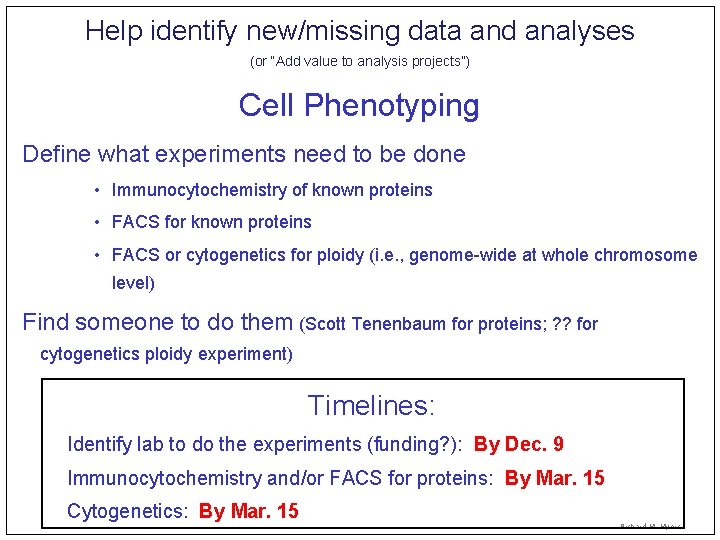 Help identify new/missing data and analyses (or “Add value to analysis projects”) Cell Phenotyping